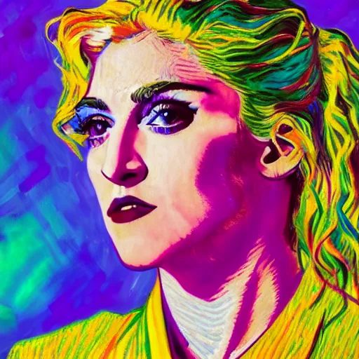 Image similar to an artistic portrait of madonna, high quality, studio photography, colorful, hero, 1 9 8 8, heroic, beautiful, in the style of vincent van gogh