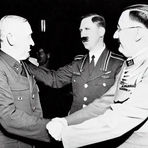 Image similar to Obama shakes hands with Adolf Hitler secret general, Real Event, Historical Event, Realistic,