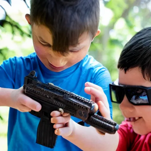 Image similar to a kid playing with A miniature Dwayne Johnson with toy guns