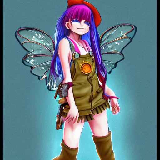 Image similar to full body pose, hd, manga anime portrait of a fairy girl in combat boots and overalls, rainbow hair, in ishikawa ken style, detailed trending award winning on flickr artstation,