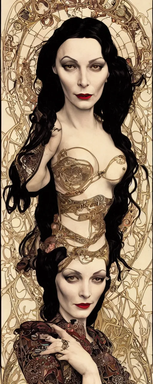 Image similar to a beautiful sensual ironpunk art nouveau style portrait of morticia adams as a rebel soldier by chris achilleos, moebius, olivia de bernardinis and alphonse mucha, photorealism, extremely hyperdetailed, perfect symmetrical facial features, perfect anatomy, ornate declotage, weapon, high technical detail, confident expression, wry smile