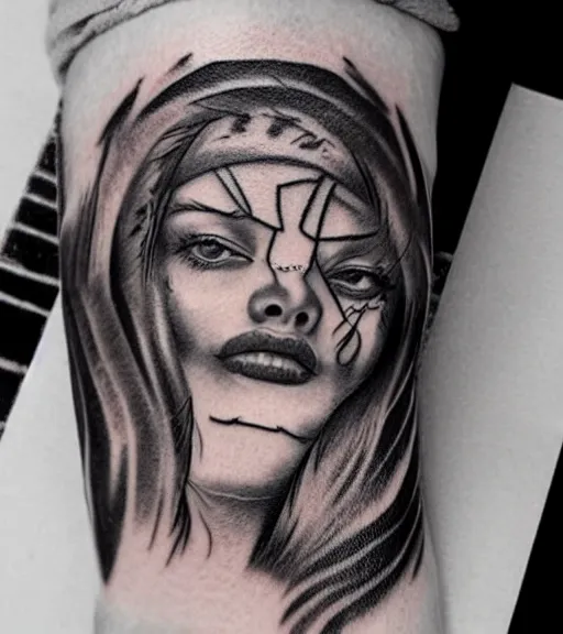 Image similar to amazing fade effect of beautiful mountain scenery with a beautiful woman face, tattoo design sketch, hyper - realistic, in the style of matteo pasqualin, amazing detail, black and white