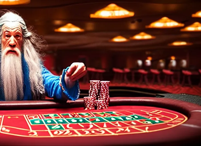 Image similar to film still of gandalf gambling in a casino in new comedy movie, 8 k