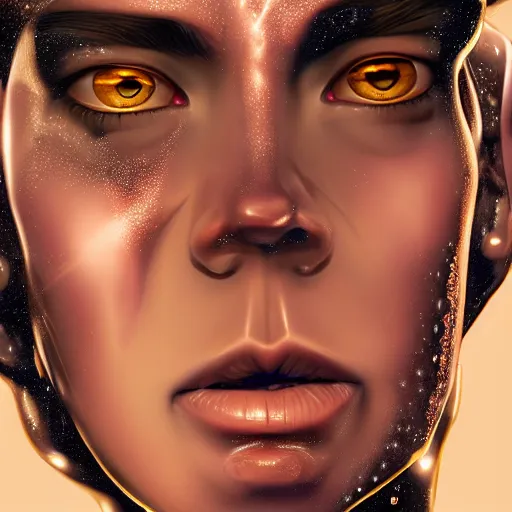 Image similar to cyborg sweating water, big drops of sweat, forehead only, by Hajime Sorayama, airbrush art, beautiful face, highly realistic, star flares, trending on artstation, beautiful lighting, sharp, details, hyper-detailed, HD, HDR, 4K, 8K