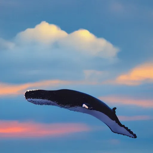 Prompt: a whale flying in the clouds at twilight