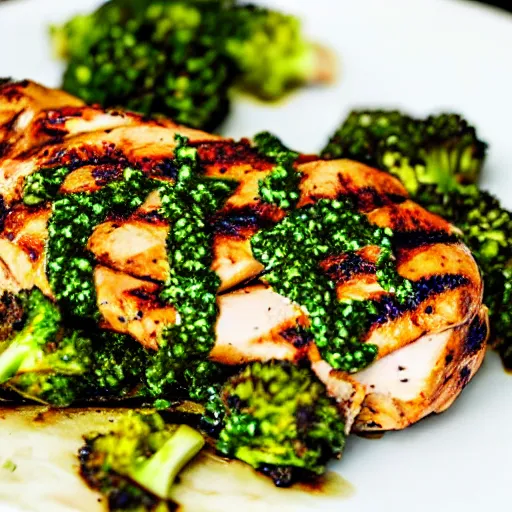 Prompt: Grilled chicken, chimichurri sauce, roasted broccoli, Michelin starred restaurant, award winning photography