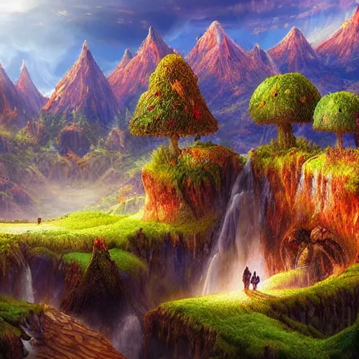 Prompt: a beautiful photorealistic picture of a valley from a fantasy world, inside which are beautiful caramel and marshmallow houses, mushrooms grow, fictitious birds fly, everything is permeated with a special radiance and beauty, magnificent trees grow in the valley and mighty mountains in the background
