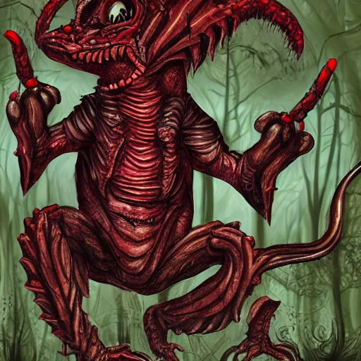 Image similar to big butcher anthropomorphic male lizardfolk posing scarily, scary angry pose, bloody, covered in blood, fresh kill, cleaver, in a forest, earie setting, lovecraft, eldritch, horror, hyperdetailed, furaffinity, furry art