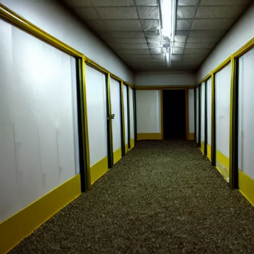 Image similar to Backrooms, old moist carpet, mono-yellow, fluorescent lights, randomly segmented rooms, creepy