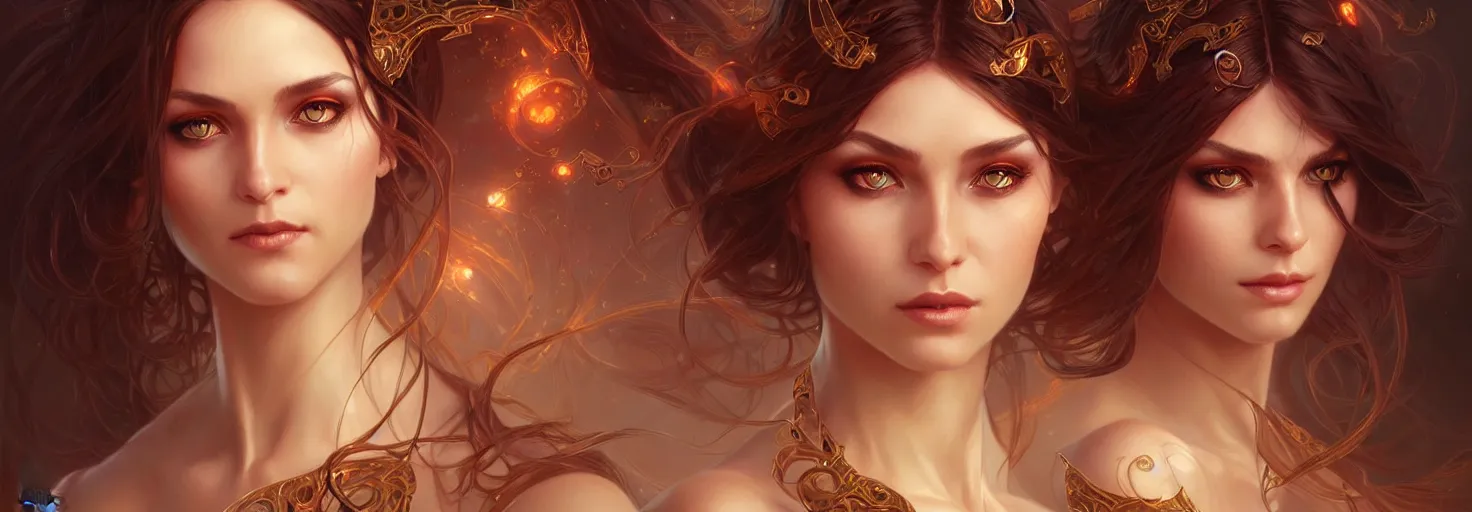 Image similar to fantasy magic woman portrait, sci-fi, amber eyes, face, long hair, fantasy, intricate, elegant, highly detailed, digital painting, artstation, concept art, smooth, sharp focus, illustration, art by artgerm and greg rutkowski and alphonse mucha