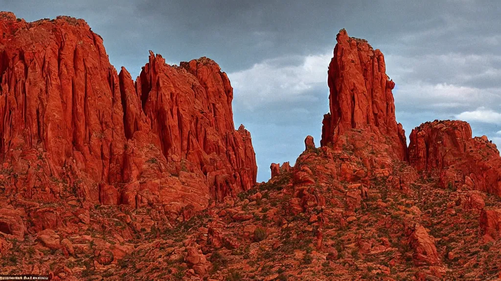 Image similar to an atmospheric film still by Ridley Scott with a huge towering dark gothic cathedral carved out of rock at the top of a red rock canyon