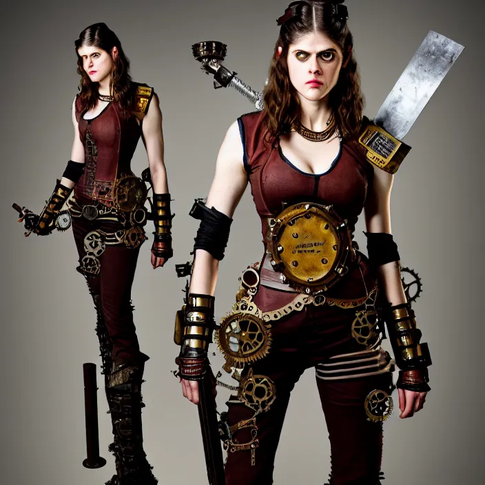 Image similar to full body photograph of alexandra daddario as a steampunk warrior, Extremely detailed. 8k