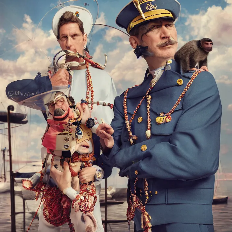 Image similar to high fashion photoshoot octane render portrait by wayne barlow and carlo crivelli and glenn fabry, a distinguished sea captain wearing a wes anderson designed uniform and a small monkey in a sailor costume inside a high - end exotic colorful pastel vintage boutique nautical hotel lounge, very short depth of field, bokeh