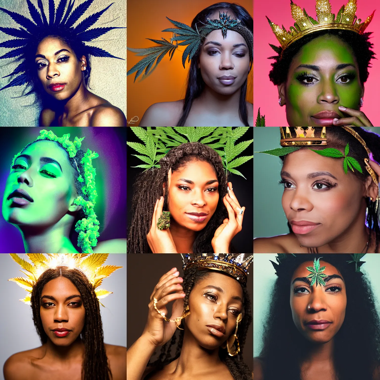 Prompt: vanessa alexander a goddess of weed, crown on head with marihuana leaf, shot from professional camera, ultra realistic, beatiful lights