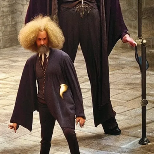 Image similar to Dumbledore with an afro and bell bottom pants