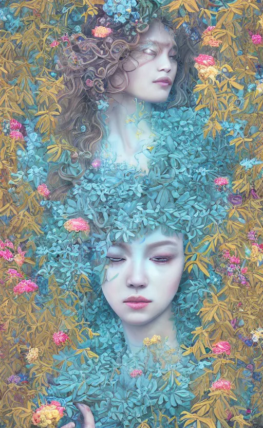 Image similar to breathtaking detailed concept art painting portrait of the hugs goddess of light blue flowers, blonde curly hair, ornate background, amalgamation of leaves and flowers, by hsiao - ron cheng, extremely moody lighting, 8 k