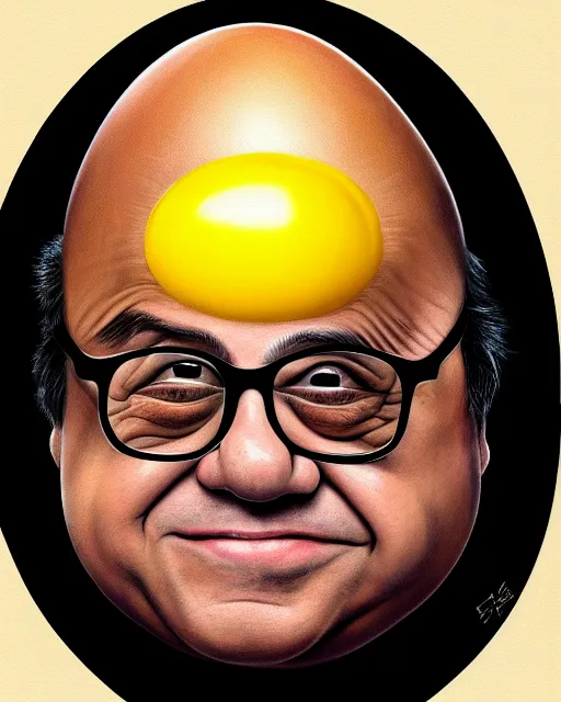 Image similar to painting portrait of danny devito as an egg, cartoon, warm lighting, danny devito has an egg body, movie poster, illustration by bartek fedyczak, erak note, tooth wu, neil richards, kan liu, siwoo kim, jisu choe, trending on art station