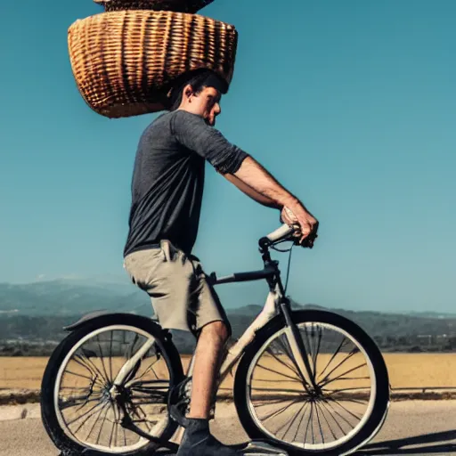 Prompt: man carrying bicycle on his head