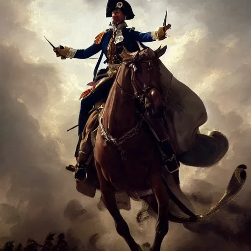 Image similar to a dramatic epic ethereal portrait of a general in French revolutionary wars, 18th century,, full body with dynamic pose, male, detailed face, cinematic lighting, highly detailed oil on canvas painting by Greg Rutkowski, winning-award digital art trending on Artstation H 1024 W 832