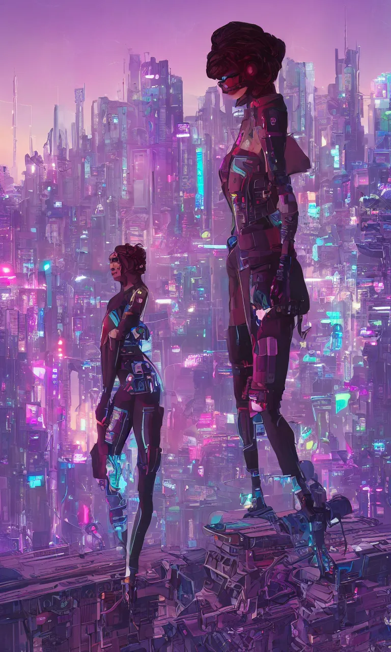 Prompt: zendaya crushing it as a cyberpunk hero standing on the rooftop of cybertown, art poster, full body, t - pose, character design, ambient lighting, 4 k, lois van baarle, ilya kuvshinov, rossdraws, alphonse mucha, jung gi kim, dylan kowalsk, artstation