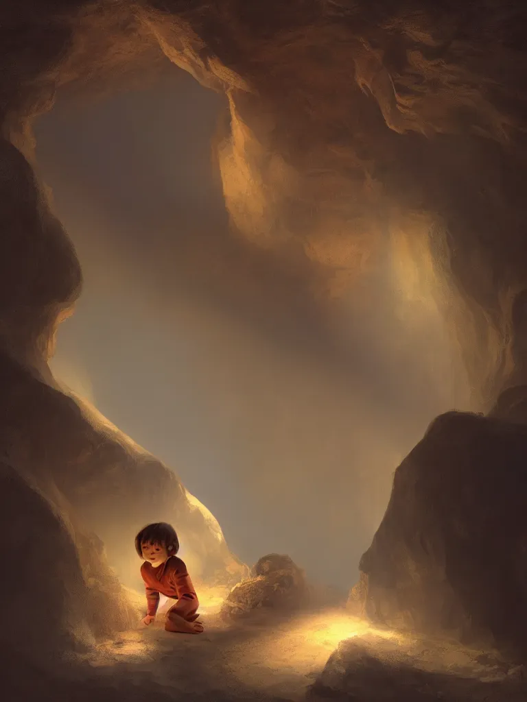 Image similar to lit child, in a dark cave, by disney concept artists, blunt borders, golden ratio, soft light