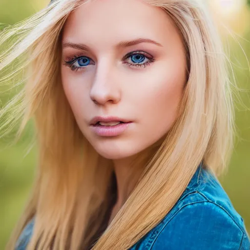 Image similar to portrait of a blonde girl with gaze posing for a professional advertisement, photorealistic, sharp focus, highly detailed. photo taken with a canon eos 8 0 d iso 2 0 0