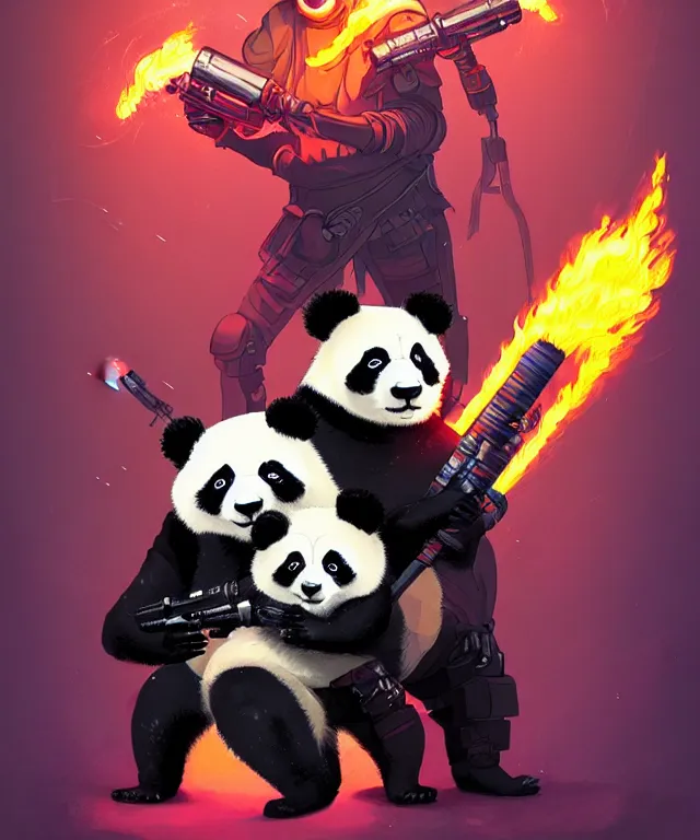 Image similar to a portrait of a cyberpunk panda holding two flamethrowers, fantasy, elegant, digital painting, artstation, concept art, matte, sharp focus, illustration, art by josan gonzalez