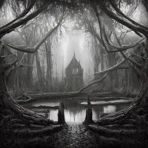 Prompt: mystical baroque castle in haunted swamp surrounded by dense forest with vines, creepy ambiance, desaturated, highly detailed, sharp focus, brutalist architecture, by artgerm, cgsociety