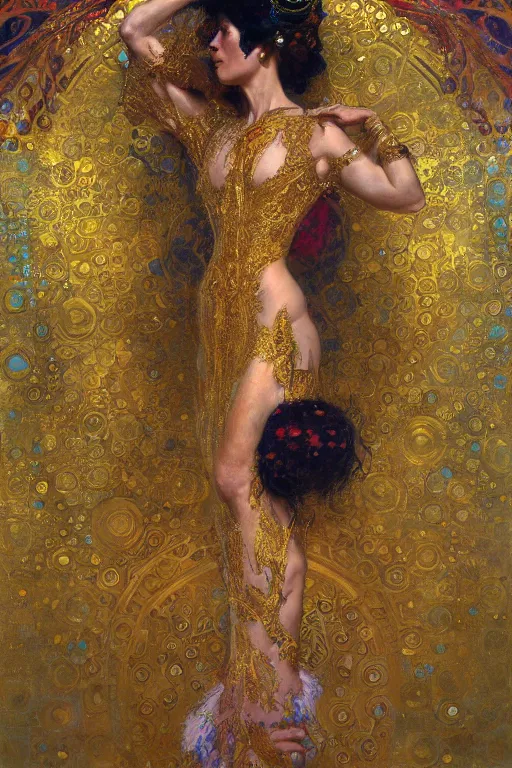 Image similar to an intricate artistic klimt golden motives and textures, hyper detailed, ornamental gold headpiece, octane render, vivid colors, artstation, by jeremy mann, by alphonse mucha, by boris vallejo