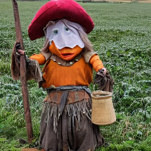 Image similar to dwarves in traditional clothes in mushroom fields put up a scarecrow from bats