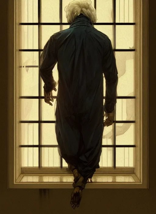 Prompt: micheal myers looking through a window, intricate, elegant, highly detailed, digital painting, artstation, concept art, smooth, sharp focus, illustration, art by artgerm and greg rutkowski and alphonse mucha