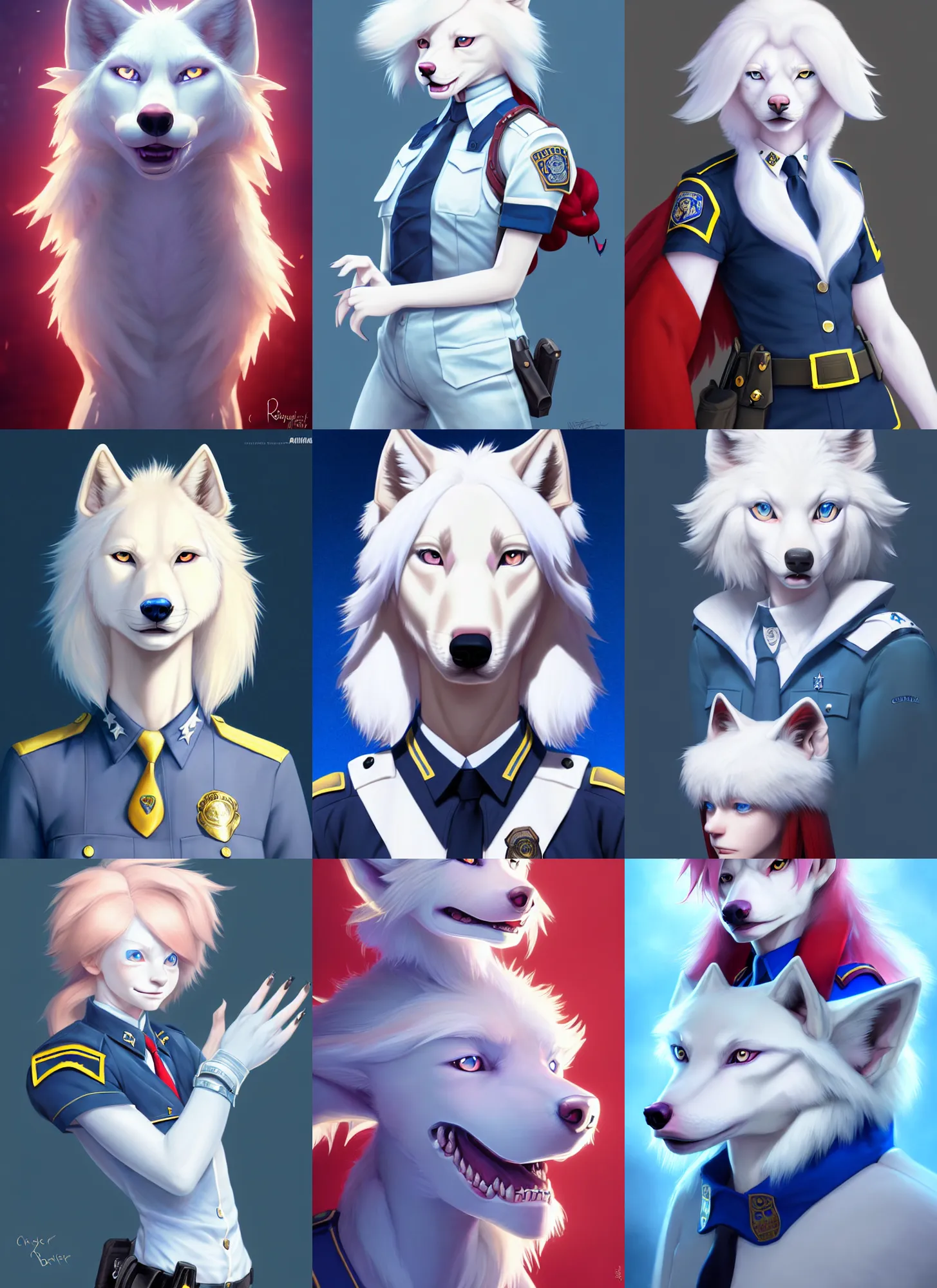 Prompt: beautiful portrait of a female anthropomorphic albino wolf fursona wearing a state trooper uniform. wearing blue eyes. wearing a red wig. character design by disney, charlie bowater, ross tran, artgerm, and makoto shinkai, detailed, soft lighting, rendered in octane