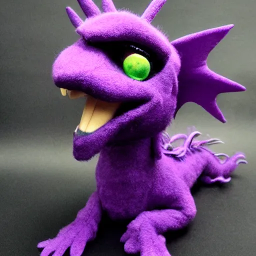 Prompt: silly purple dragon puppet with bloodshot eyes