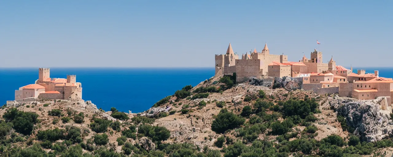 Image similar to 35mm photo of the Spanish castle of Salobrena on the top of a large rocky hill overlooking a white Mediterranean town, white buildings with red roofs, ocean and sky by June Sun