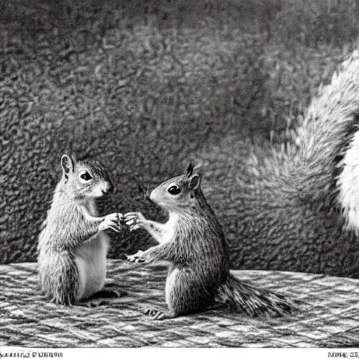 Prompt: a squirrel and a hedgehog sit at a round table and they are shaking hands, a peace treaty sits in the middle of the table, historic photo, united nations