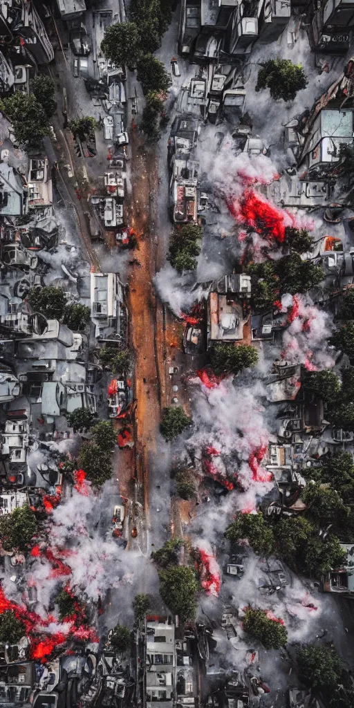 Image similar to post - apocalyptic kreuzberg streets covered in colorful smoke, burned cars, explosions, hyperrealistic, gritty, damaged, drone photography, photorealistic, high details