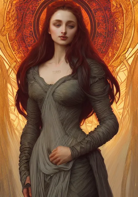 Prompt: sansa fire queen fire fire, intricate, elegant, highly detailed, digital painting, artstation, concept art, smooth, sharp focus, illustration, art by artgerm and greg rutkowski and alphonse mucha and william - adolphe bouguereau