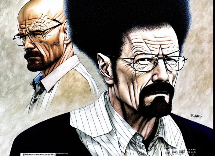 Prompt: walter white with a giant afro the size of a blimp, by takehiko inoue and kim jung gi and thomas kinkade, masterpiece illustration, realistic face and anatomy