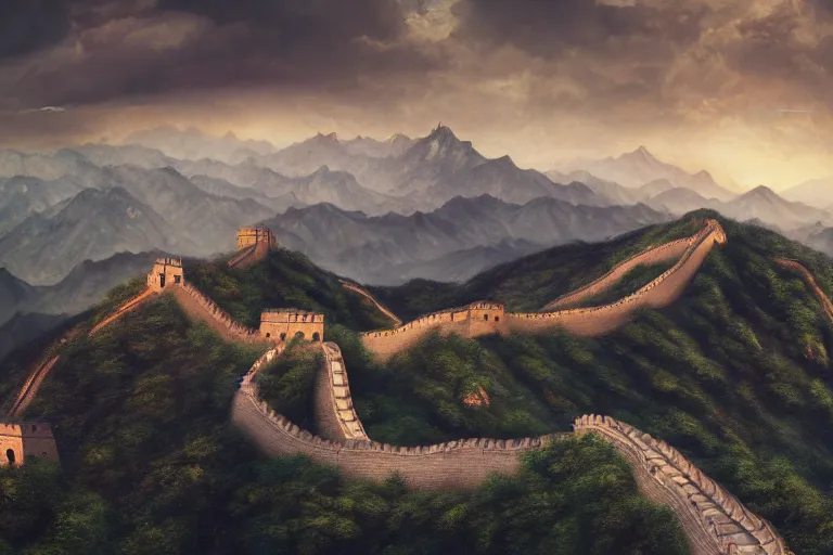Image similar to photorealistic painting of the Great Wall Of China being destroyed by alien weapons by Samuel Palmer and Bernardo Bellotto, gloomy, rainy, terror, doom, octane render, 8k, award-winning, trending on artstation