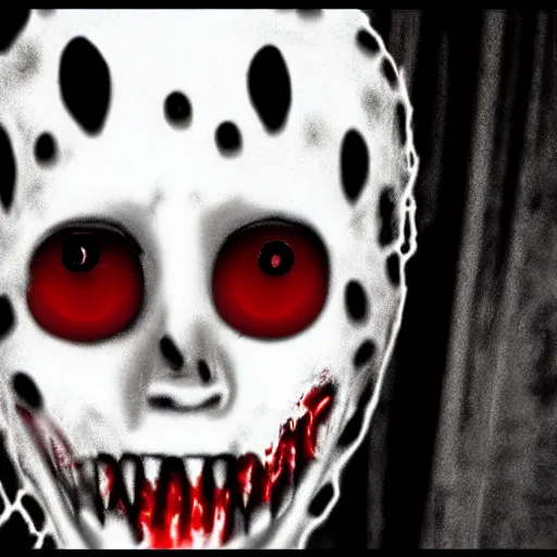 Image similar to terrifying ghost demon, found footage, brutal violence, creepypasta, slasher smile, black dahlia