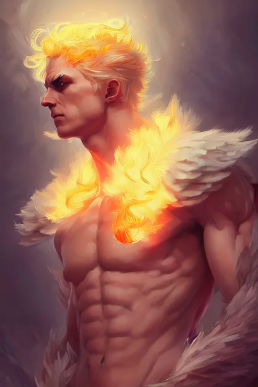 Image similar to digital art of a pale menacing male Cyborg Angel of Battle with fluffy blond curls of hair and piercing eyes, central composition, he commands the fiery power of resonance and wrath, by WLOP, Artstation, CGsociety