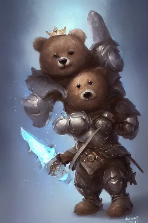 Image similar to cute little anthropomorphic bear knight wearing a cape and a crown, tiny, small, miniature bear, baby animal, short, pale blue armor, cute and adorable, pretty, beautiful, DnD character art portrait, matte fantasy painting, DeviantArt Artstation, by Jason Felix by Steve Argyle by Tyler Jacobson by Peter Mohrbacher, cinematic lighting