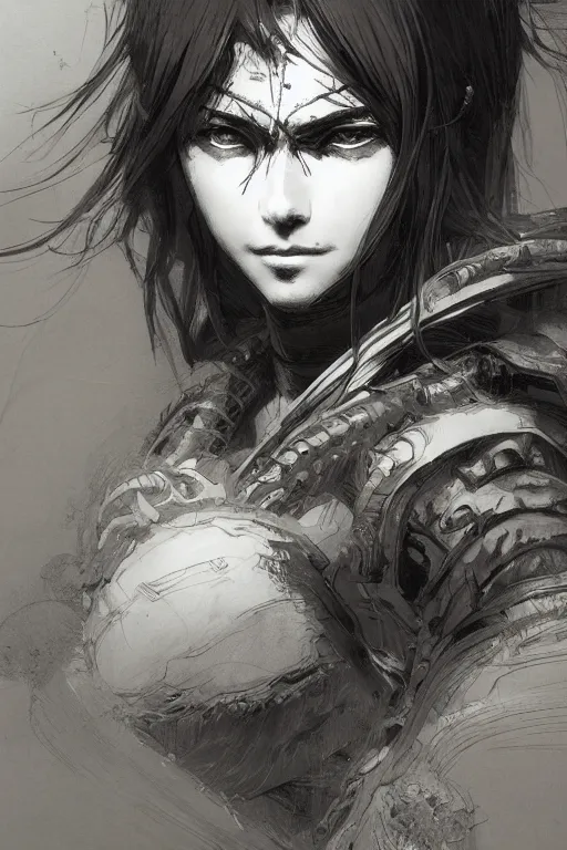 Image similar to portrait of anime woman warrior, pen and ink, intricate line drawings, by craig mullins, ruan jia, kentaro miura, greg rutkowski, loundraw