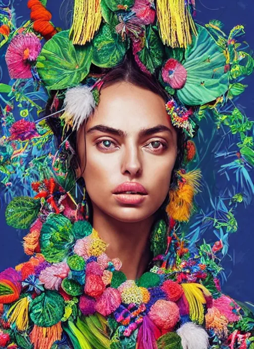 Image similar to beautiful portrait of Irina Shayk wearing fantastic Hand-dyed cotton dress,embellished beaded feather decorative fringe knots ,colorful pigtail,subtropical flowers and plants,symmetrical face,summer,intricate,elegant,highly detailed,8k,post-processing,digital painting,trending on pinterest, GUCCI,vogue,concept art, sharp focus, illustration, by artgerm,Tom Bagshaw,Lawrence Alma-Tadema,greg rutkowski,alphonse Mucha