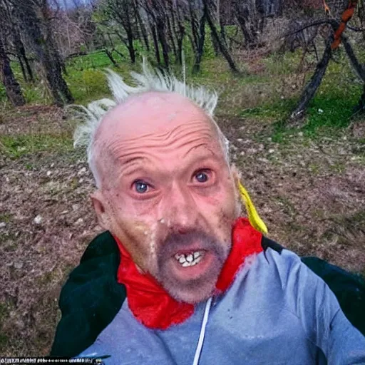 Prompt: last selfie of last alive funny scared ukrainian very damaged body to bones, bleeding running from nuclear explosion, nuclear explosion getting close