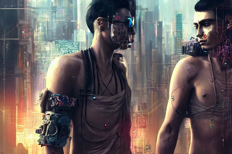 Prompt: a high detailed ultrealistic portrait of a sexy male model with hindu feautures cyberpunk in a dystopian world