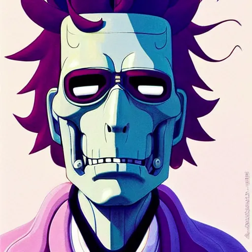 Prompt: 1 0 7 7 bender futuristic rick sanchez futurama portrait by charles vess and james jean and erik jones and rhads, inspired by ghost in the shell, beautiful fine face features, intricate high details, sharp, ultradetailed