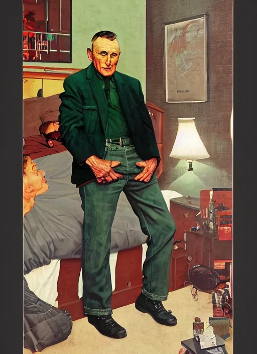 Prompt: full body and head portrait of dennis hopper in a dark and dingy apartment, painted by norman rockwell and tom lovell and everett raymond kinstler, green, dystopian