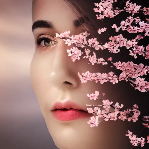 Prompt: double exposure photo of a face of a woman and cherry blossoms, award-winning photograph, 8k UHD