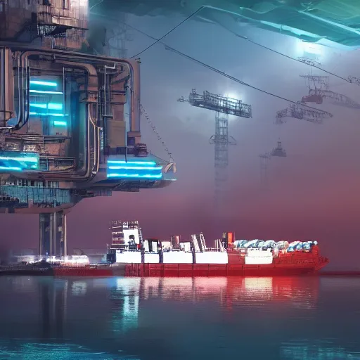 Image similar to photo of Immense industrial futuristic cargo ship arrives at cyber punk city sea port, cinematic lighting, photo